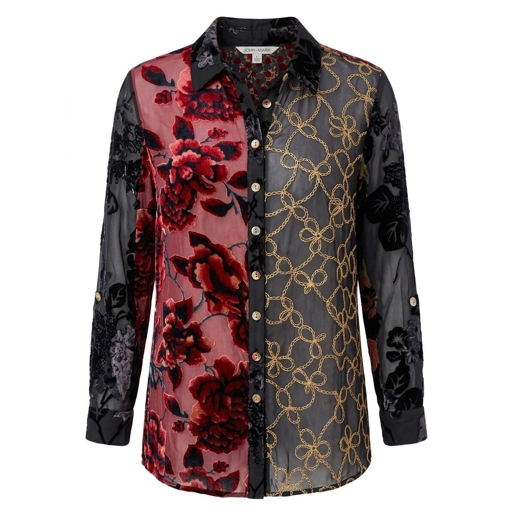 John Mark Boho Floral Velvet Burnout Sheer Mixed Media Button Tunic Shirt L